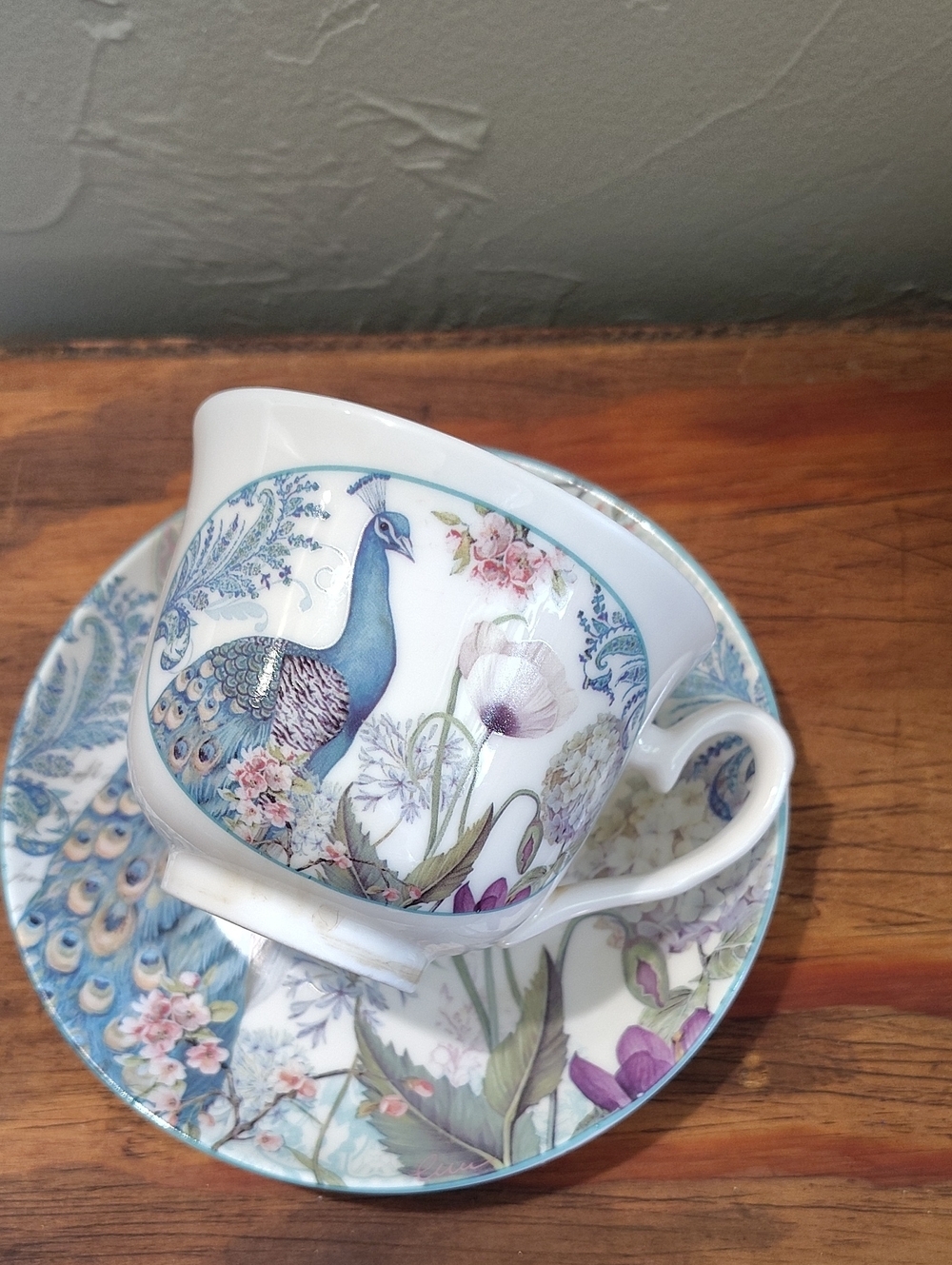 Summer River BV Corp Peacock Teacup Saucer Set 2 Piece